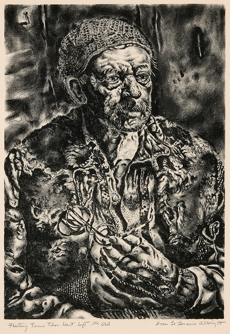 Photo of a black and white lithograph depicting a man wearing a knit hat and button-down jacket seated and holding reading glasses.