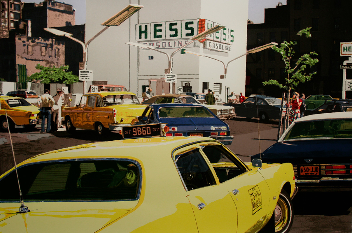 Detail photo of a screen print by Ron Kleemann depicting a street scene of traffic with a yellow cab in the foreground.
