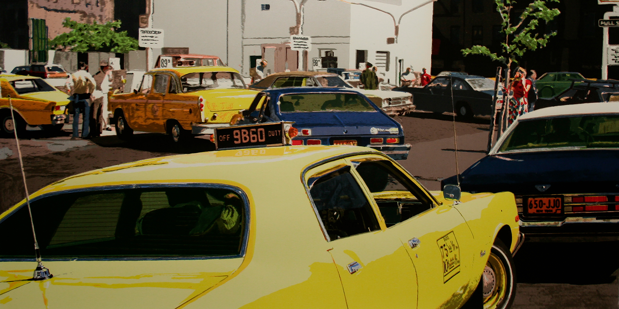 Detail photo of a screen print by Ron Kleemann depicting a street scene of traffic with a yellow cab in the foreground.