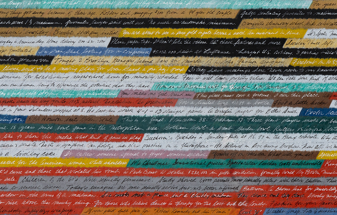Detail photo of a colored pencil and ink drawing of various phrases written in cursive on horizontal rows in different colors.
