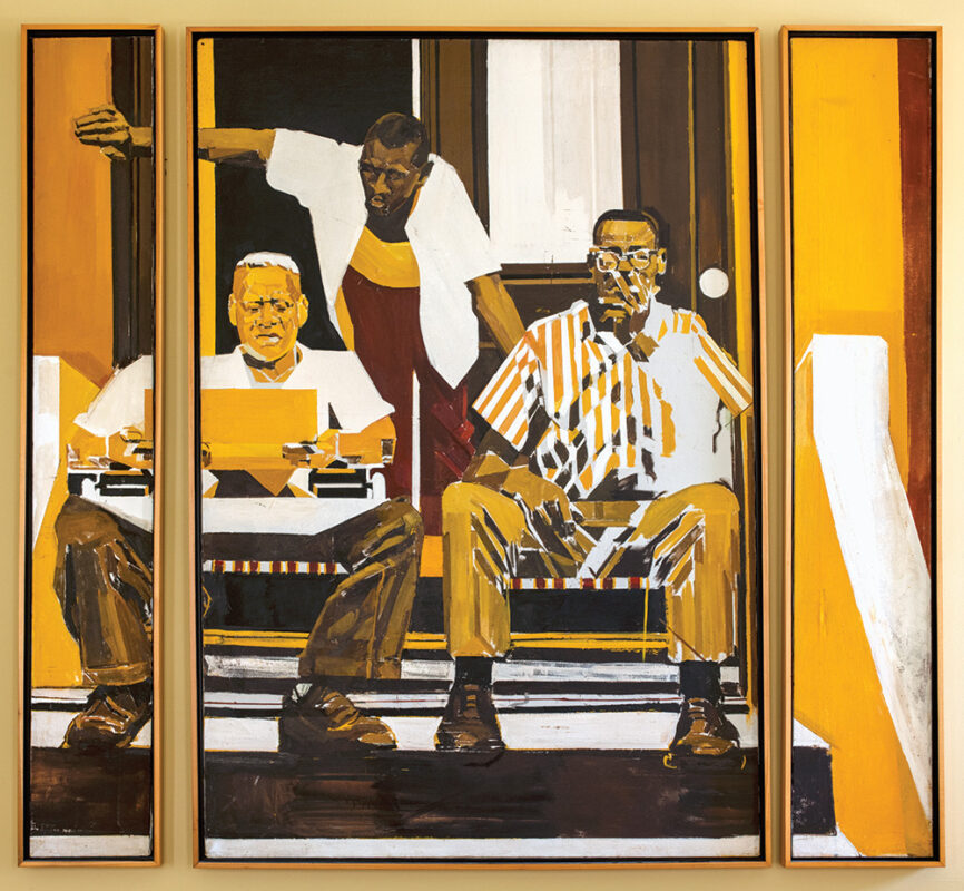 Photo of a triptych depicting three elderly men sitting on a stoop.