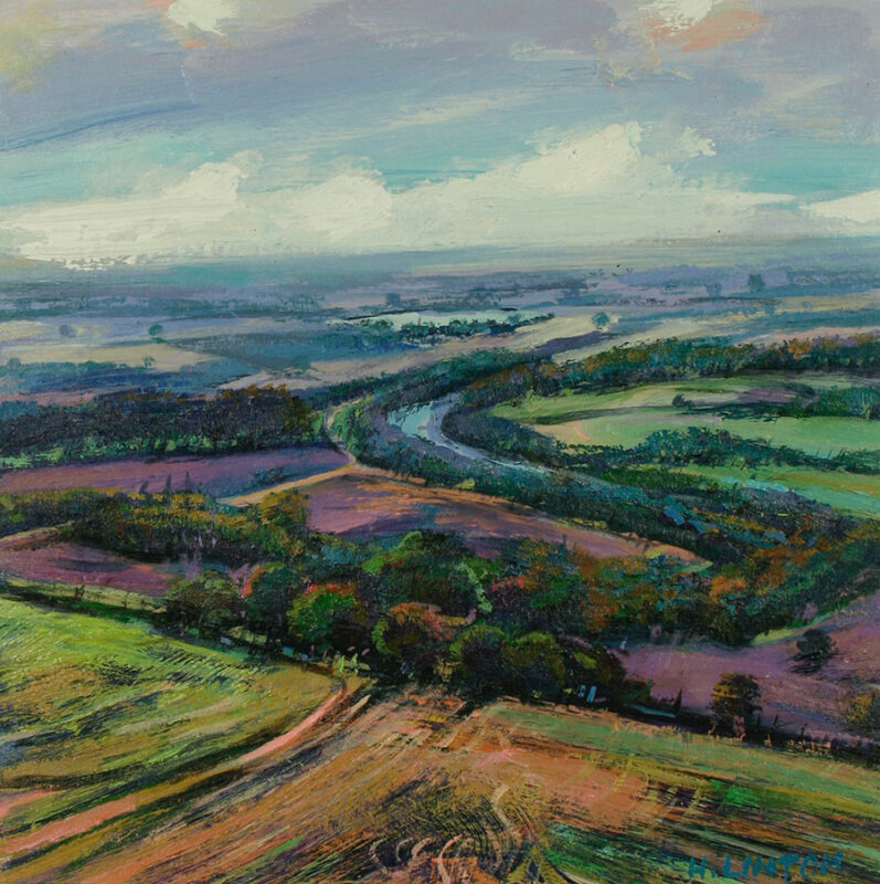Landscape painting of lush farmland surrounding a winding river.
