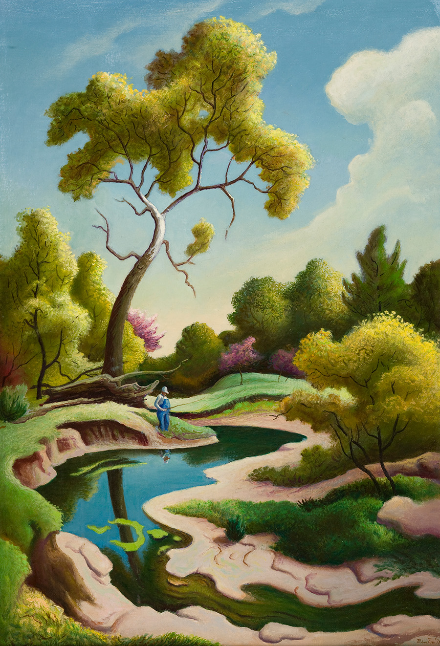 Oil painting of a large tree next to a pond surrounded by greenery. A man stands at the edge with a fishing pole.