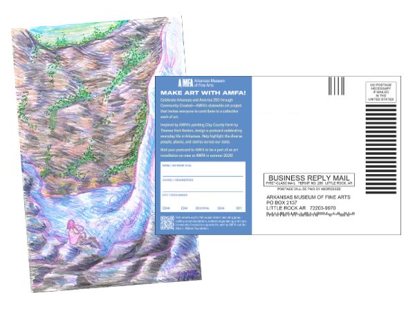 Photo of a drawing of a person sitting at the base of a waterfall next to a blank postcard that reads Make Art With AMFA!
