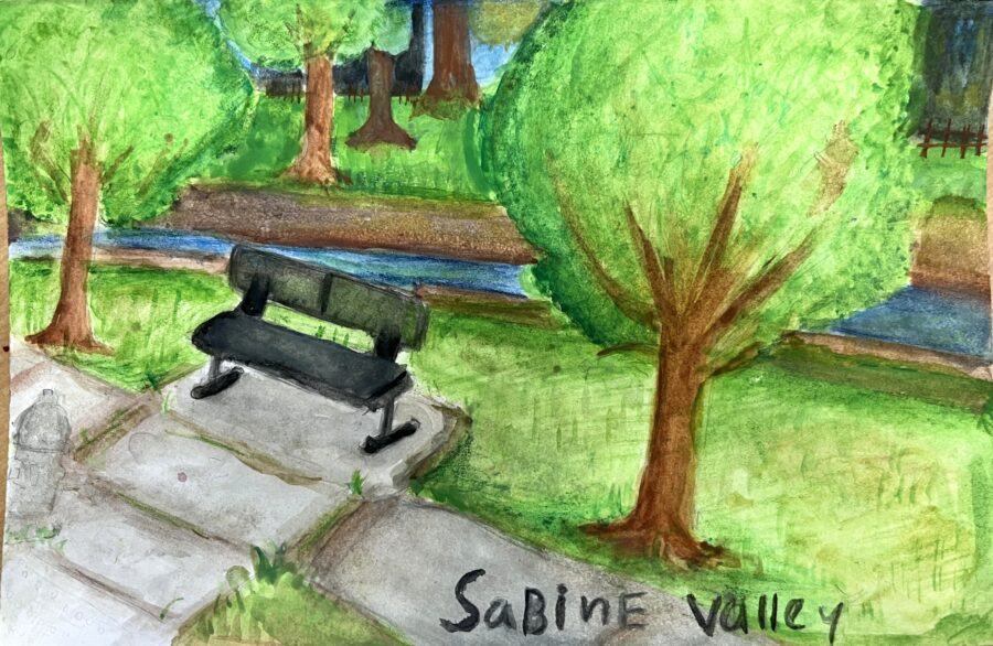 A drawing of a park bench next to a sidewalk, a stream, and trees.