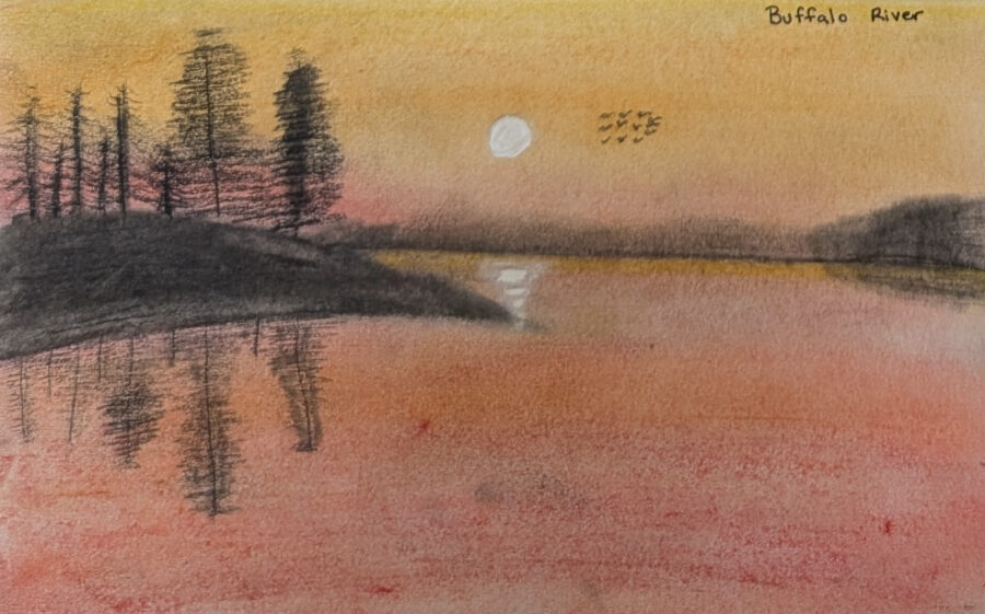 A drawing of a river at sunset.