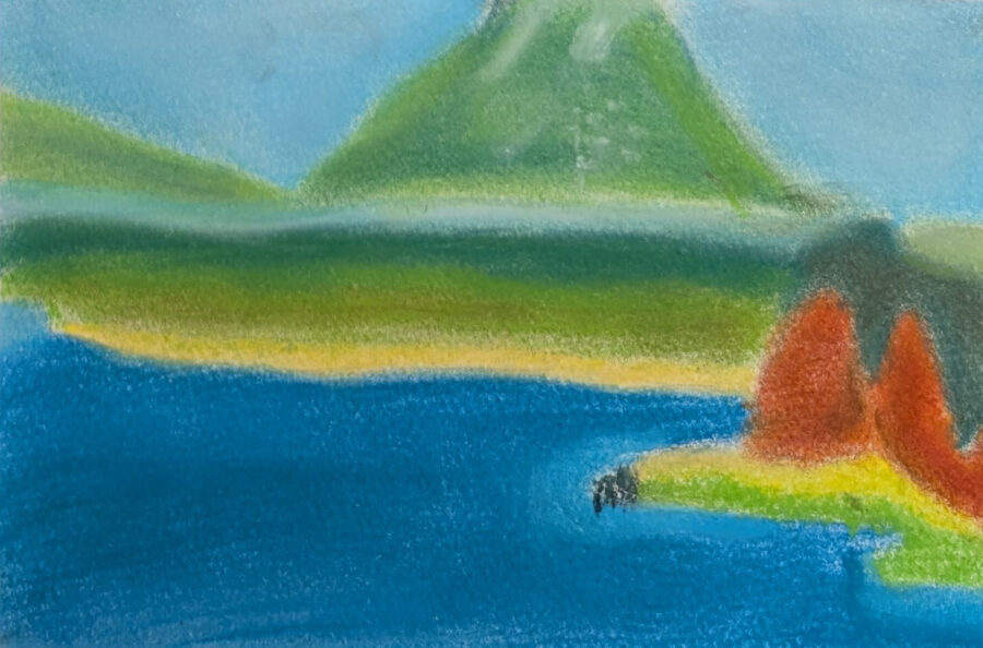 A drawing of a mountain on an island next to a sea of water.