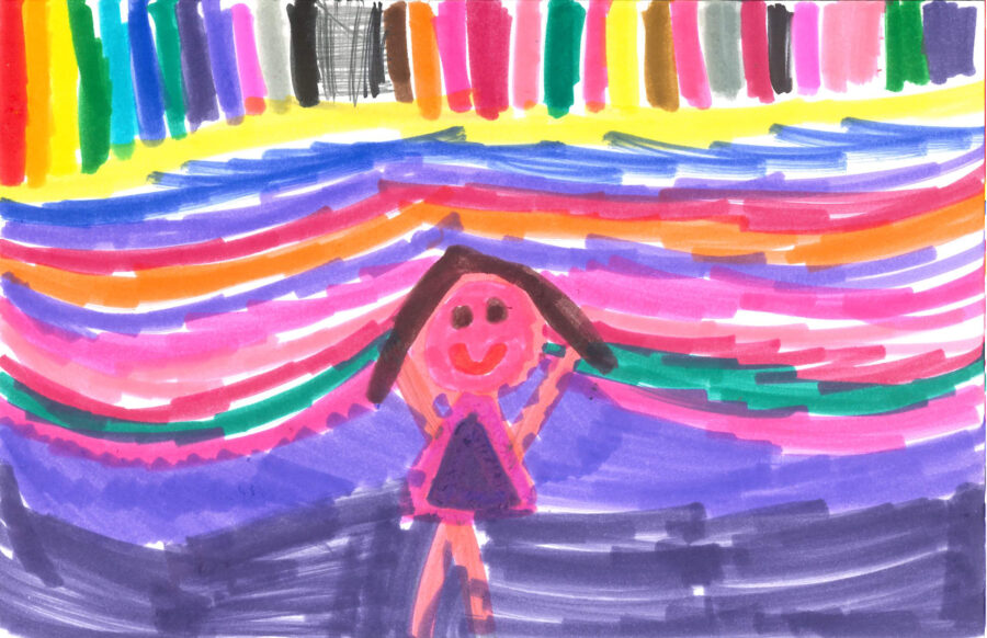 A child's drawing of a child surrounded by streaks of colors.