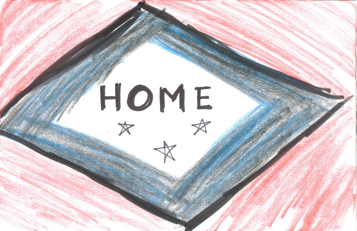 A child's drawing of the Arkansas state flag with the word Home.