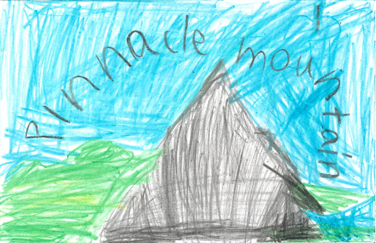 A child's drawing of a mountain. Above it reads the words Pinnacle Mountain.