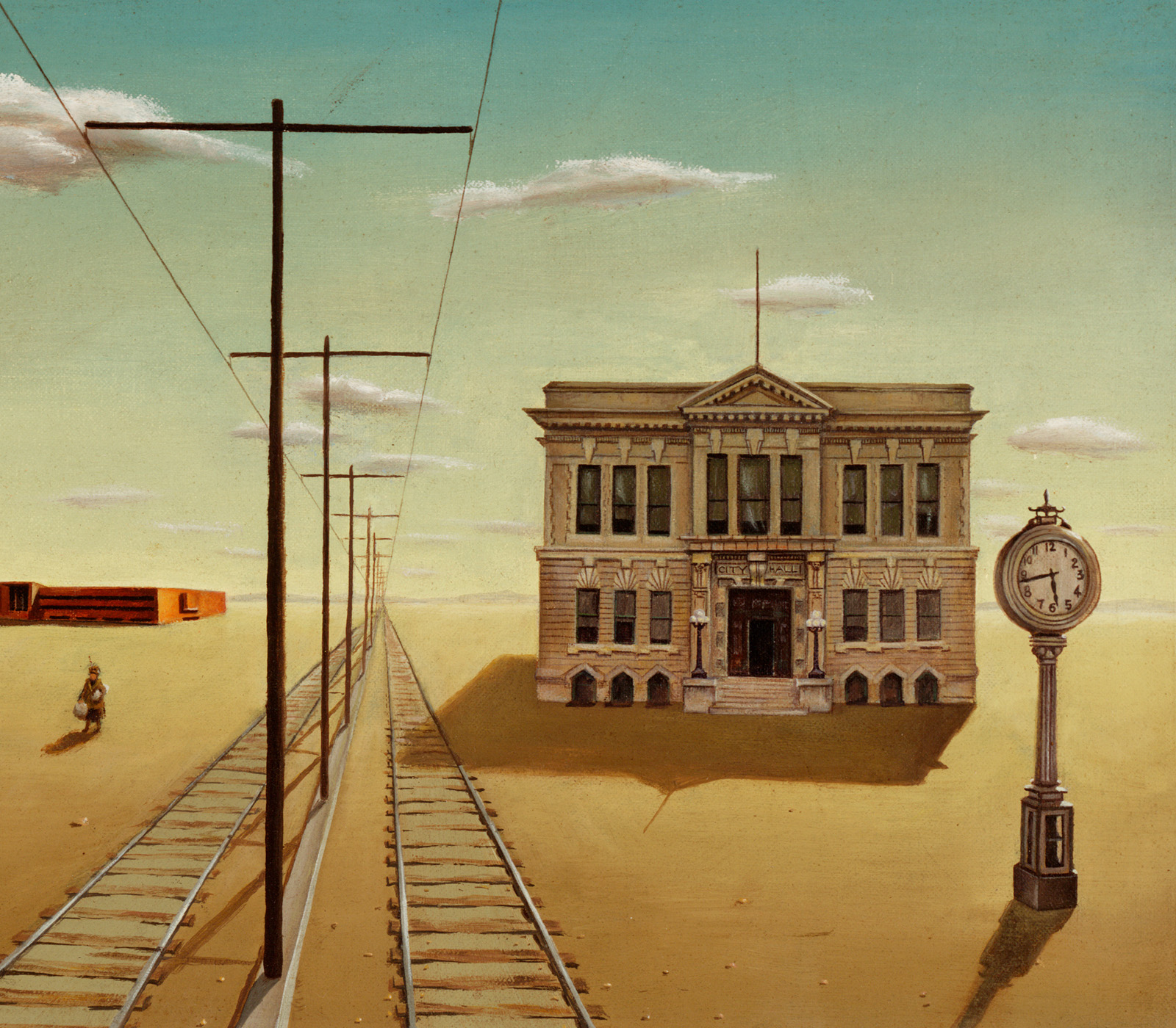 Photo of an oil painting depicting a train track next to a two-story building and a large clock in a desert environment.
