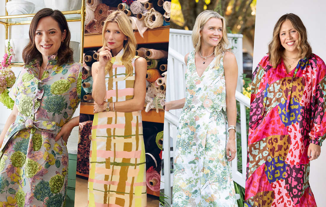 Spliced photo of four different women smiling and posing wearing colorful dresses.
