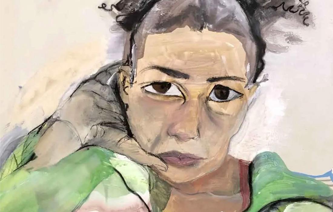 Detail photo of a pastel portrait drawing of a woman with her head in her hand.