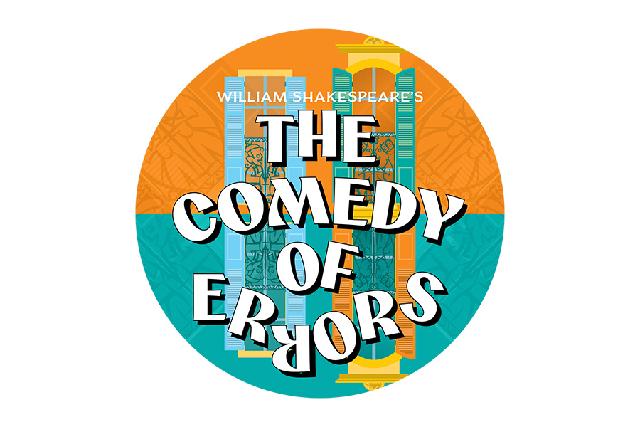 Graphic illustration of a house facade with an open set of double doors and two windows behind text that reads William Shakespeare's The Comedy of Errors.