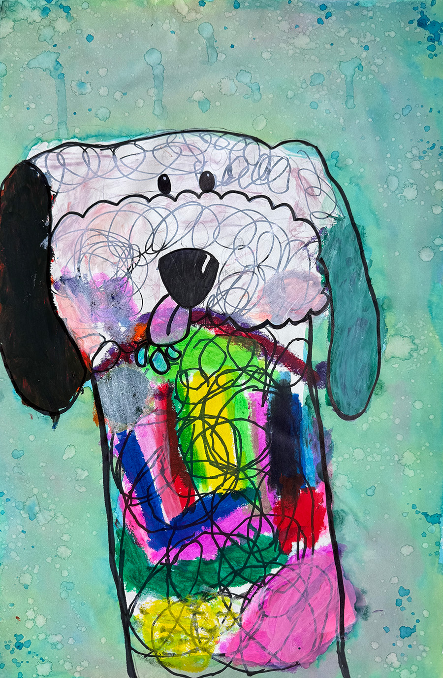 Mixed media drawing of a dog.