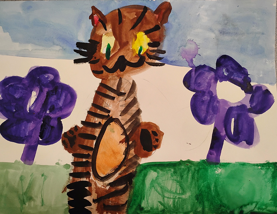 Watercolor painting of a cat and flowers.