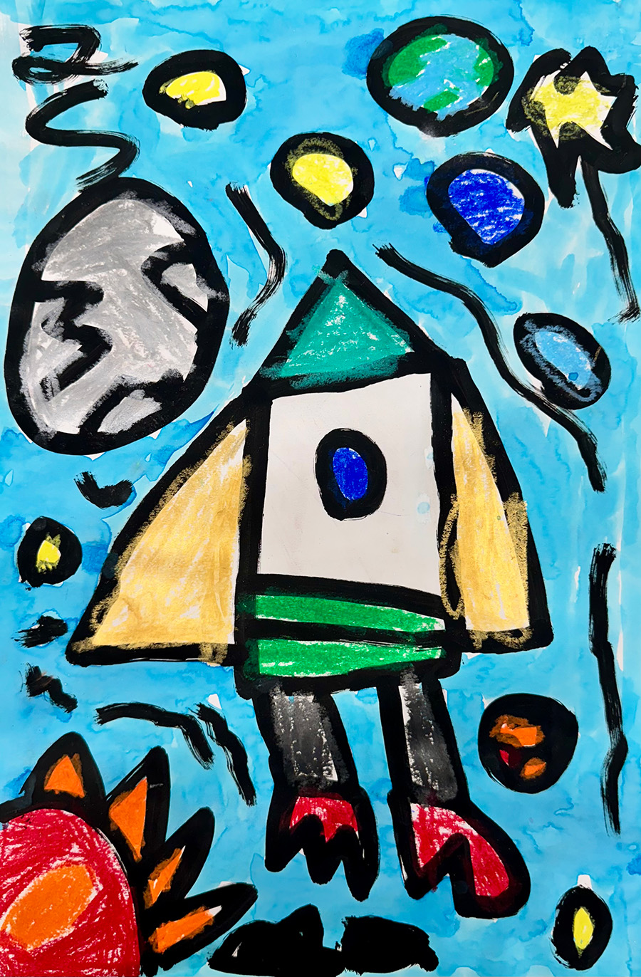 Mixed media painting of a rocket ship.