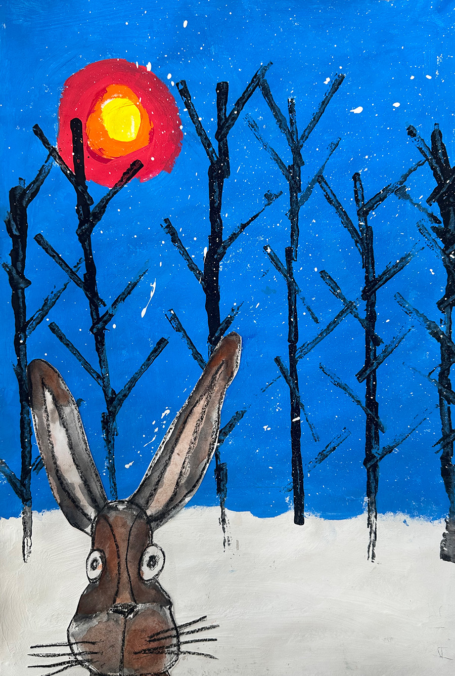 Mixed media painting of a rabbit in front of black trees with no leaves.