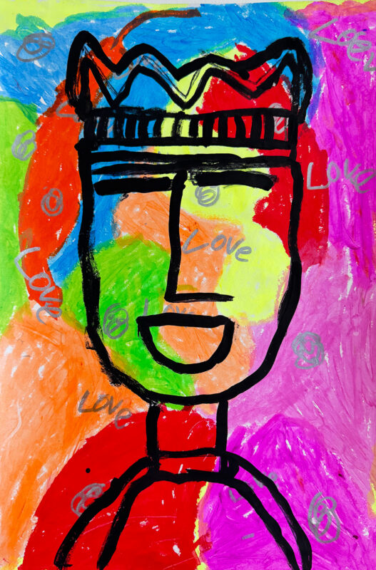 Abstract mixed media drawing of a human figure smiling.
