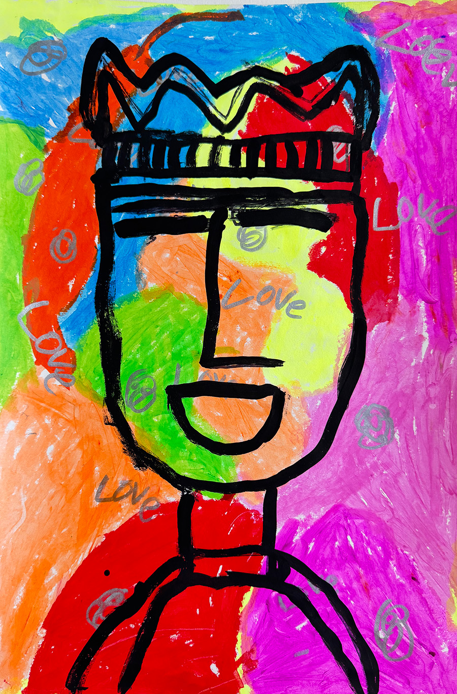 Abstract mixed media drawing of a human figure smiling.