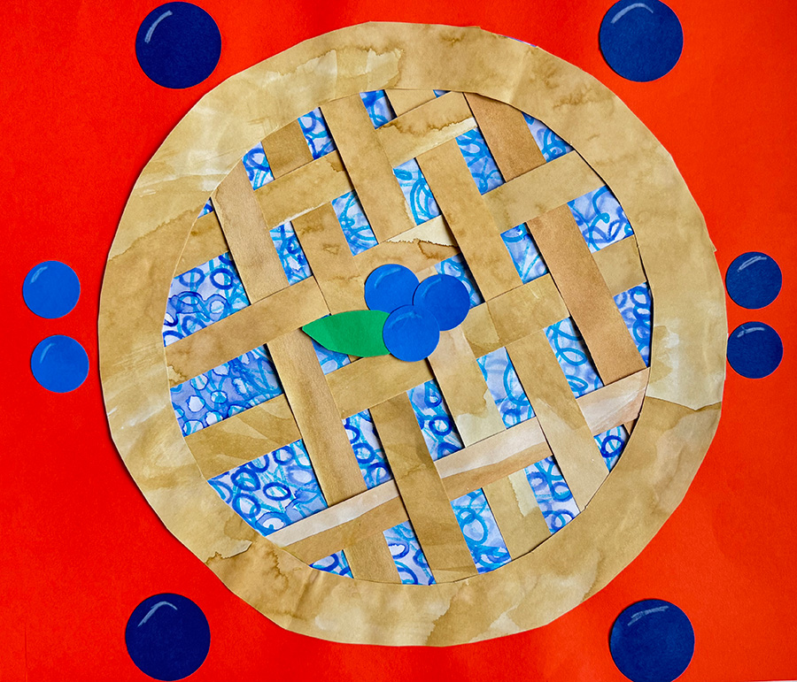 Mixed media collage on paper depicting a blueberry pie.