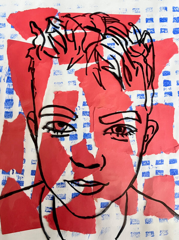 Mixed media drawing of a boy on collaged paper.
