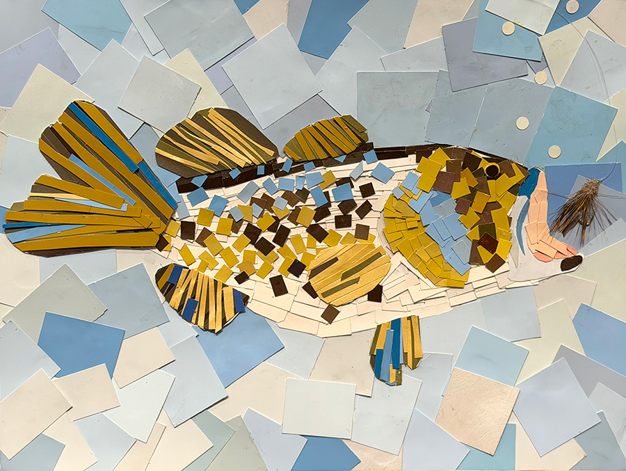 Mixed media collage depicting a fish on a hook.