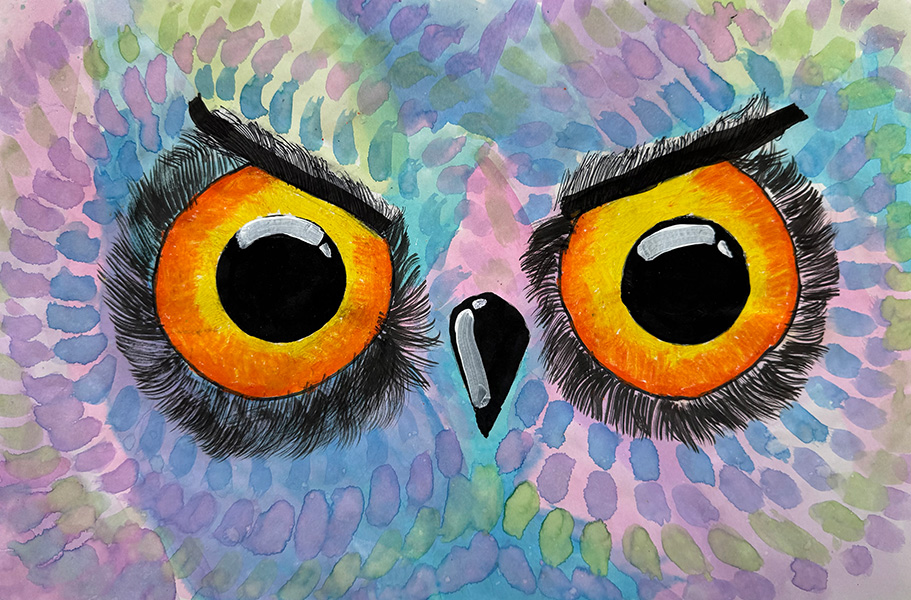 Mixed media painting of an owl's eyes.