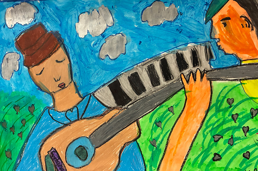 Mixed media drawing of a person playing a guitar.