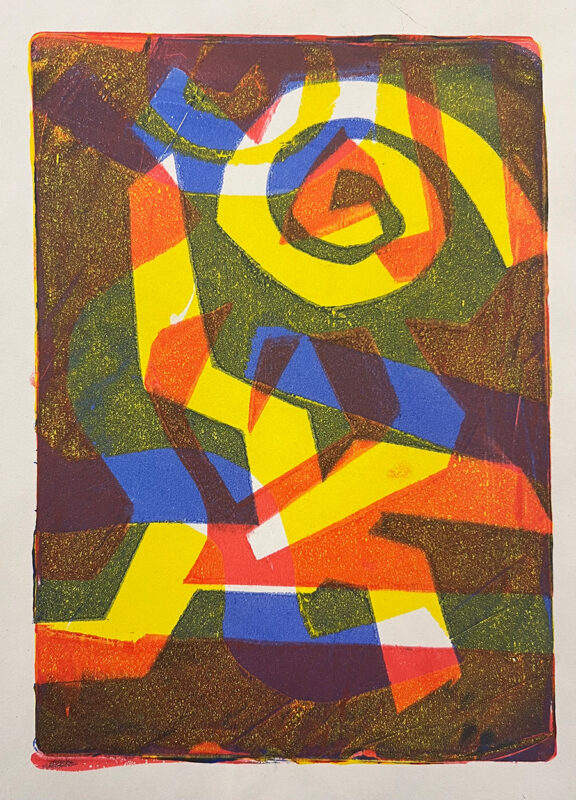 Colorful abstract print on collaged paper.