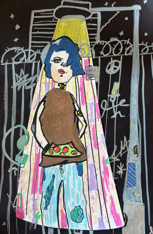 Mixed media abstract drawing of a person under a spotlight.