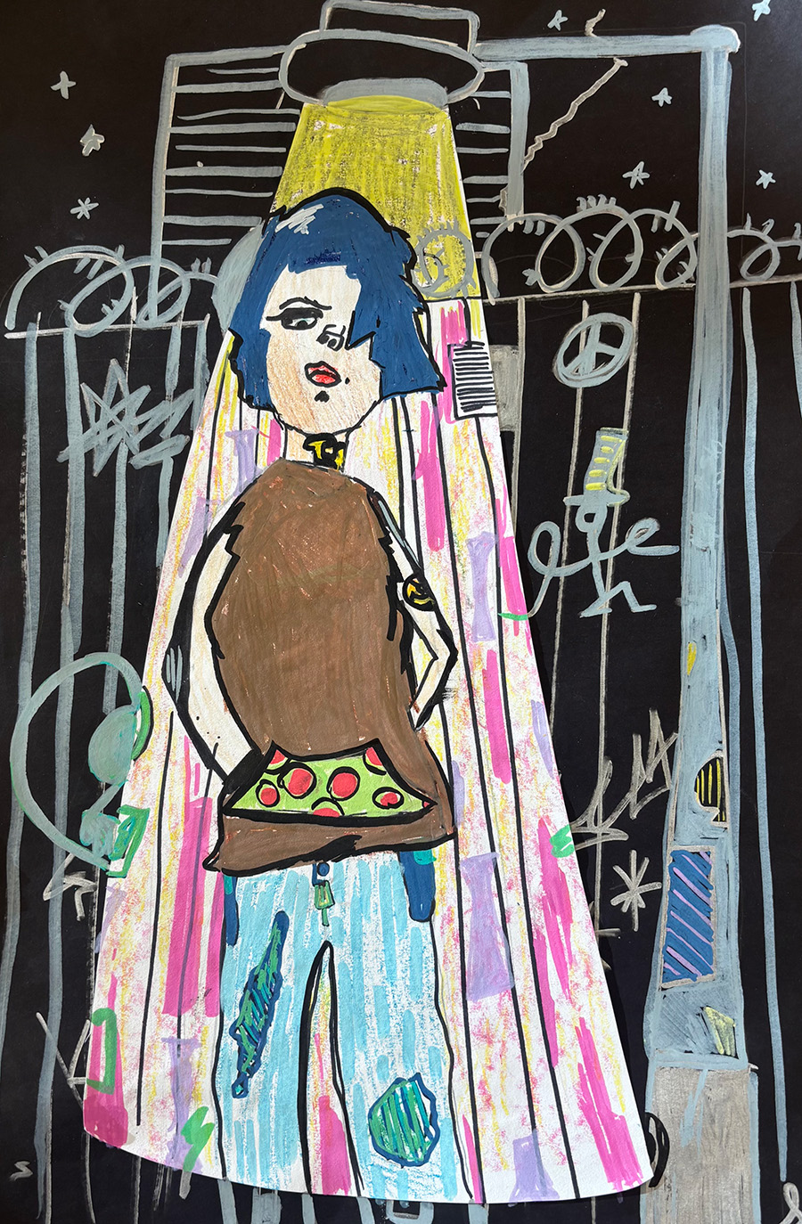 Mixed media abstract drawing of a person under a spotlight.