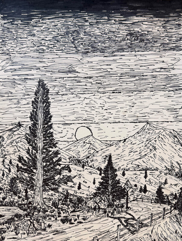 Black marker drawing of a country road surrounded by trees and mountains.
