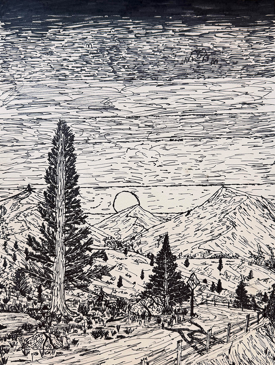Black marker drawing of a country road surrounded by trees and mountains.