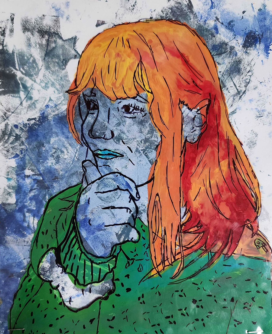 Mixed media drawing of a girl holding her chin with her hand.