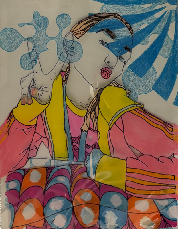 Mixed media drawing of a young girl holding up a peace sign.