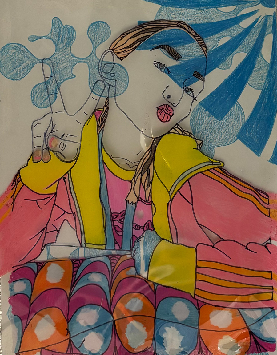 Mixed media drawing of a young girl holding up a peace sign.