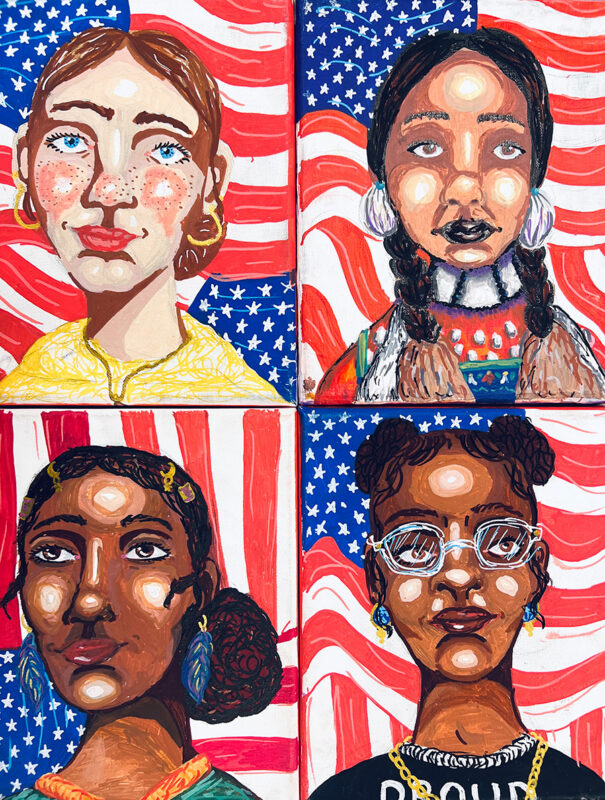 A set of four acrylic paintings of women in front of the US flag.