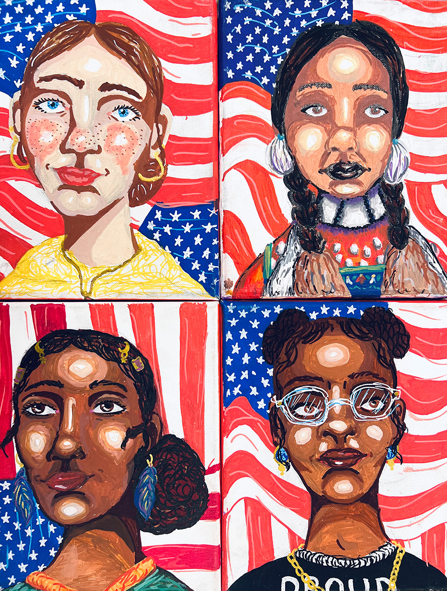 A set of four acrylic paintings of women in front of the US flag.