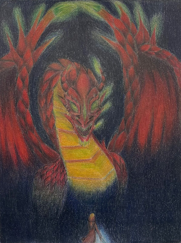 Colored pencil drawing of a dragon.