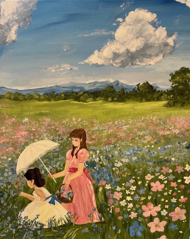 Acrylic painting of two girls in a flowering meadow. One of the girls is standing wearing a pink dress and holding a white umbrella over a smaller girl wearing a white dress and kneeling in the grass.