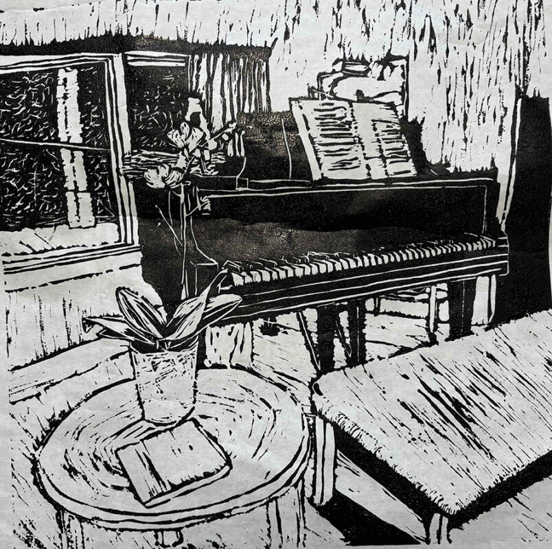 Black ink print of a piano next to a window and a table holding a flower in a pot.