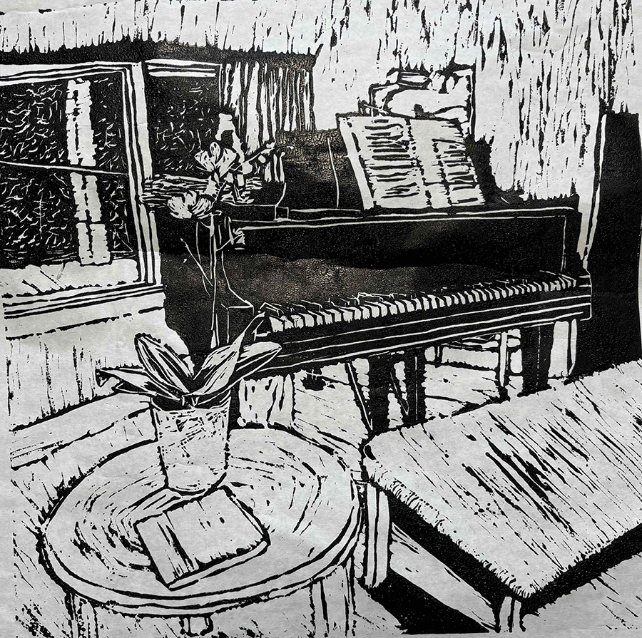 Black ink print of a piano next to a window and a table holding a flower in a pot.