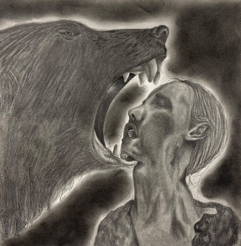 Charcoal drawing of girl's head in the jaws of a wolf.