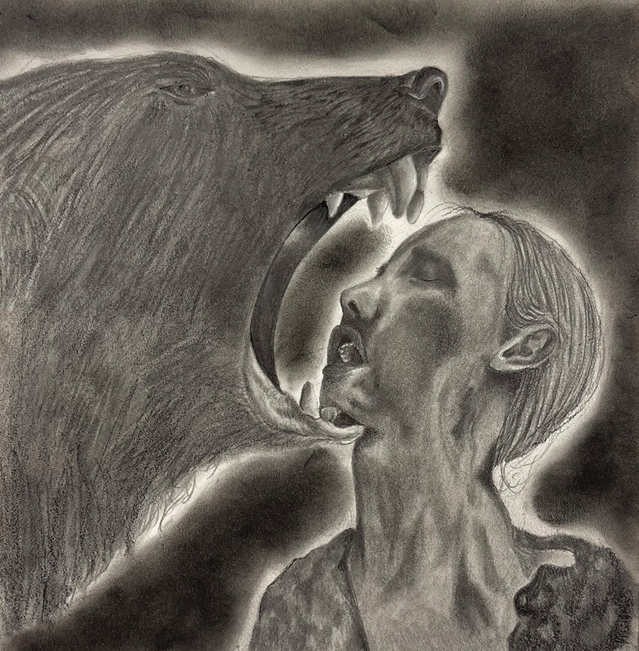 Charcoal drawing of girl's head in the jaws of a wolf.
