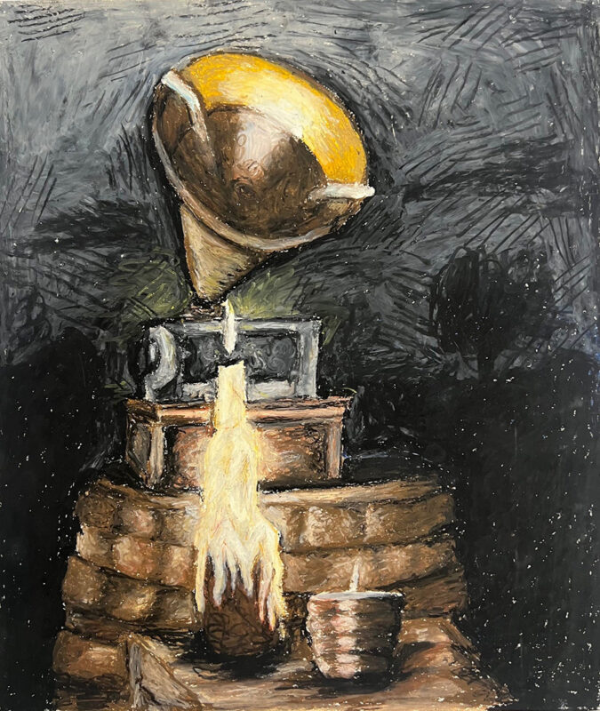 Oil pastel drawing of a gramophone sitting on a barrel next to lit candlestick.