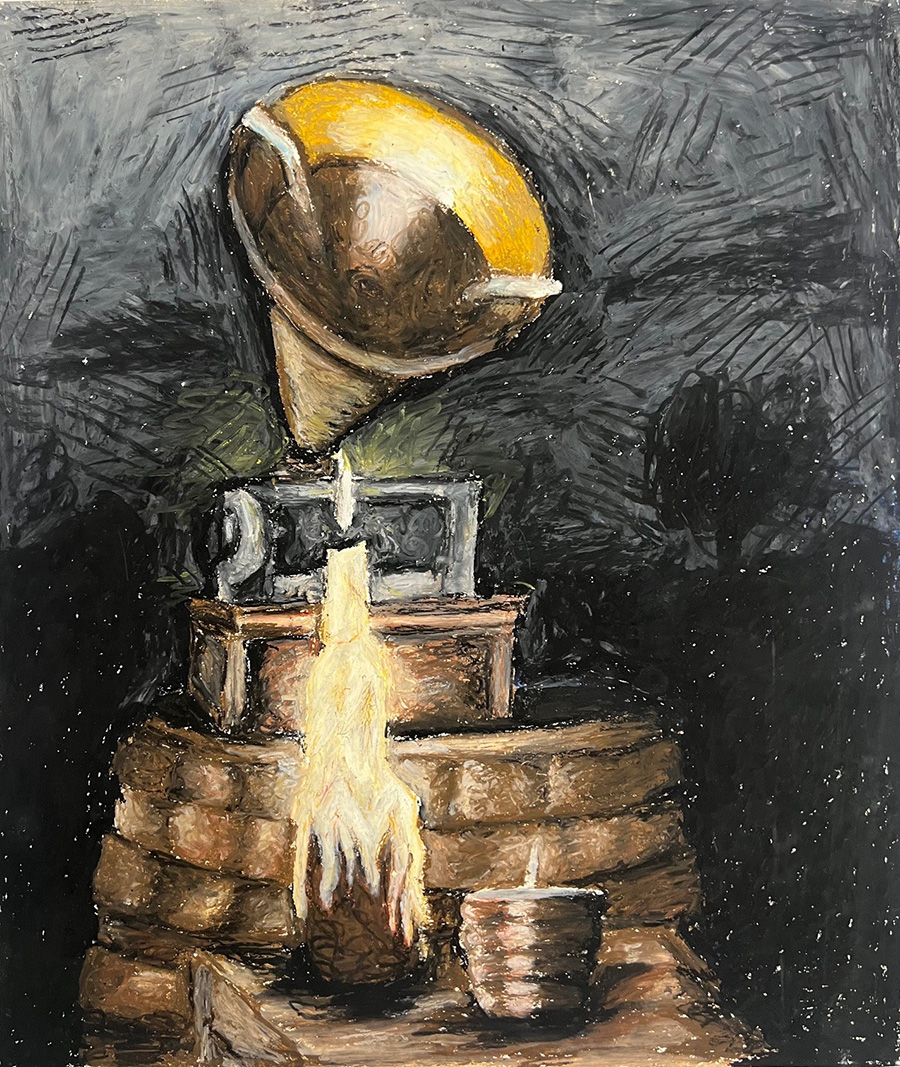 Oil pastel drawing of a gramophone sitting on a barrel next to lit candlestick.