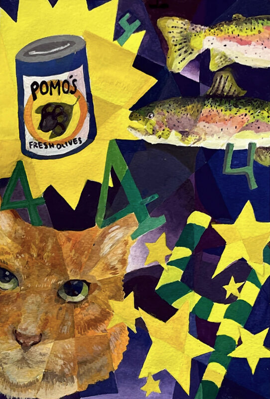 Tempera painting of a cat' head next to abstract shapes, stars, fish, a can of olives, and a series of fours.