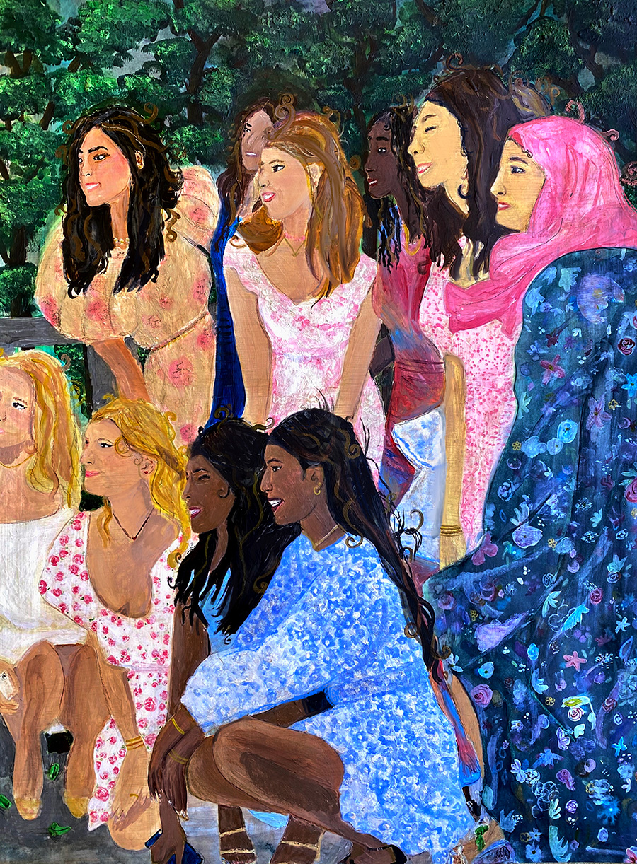 Mixed media drawing of a group of girls posed together while wearing flowery dresses.