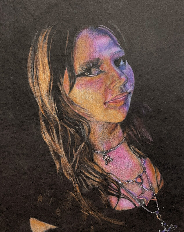 Colored pencil drawing of a girl with long hair wearing a black shirt and several necklaces.